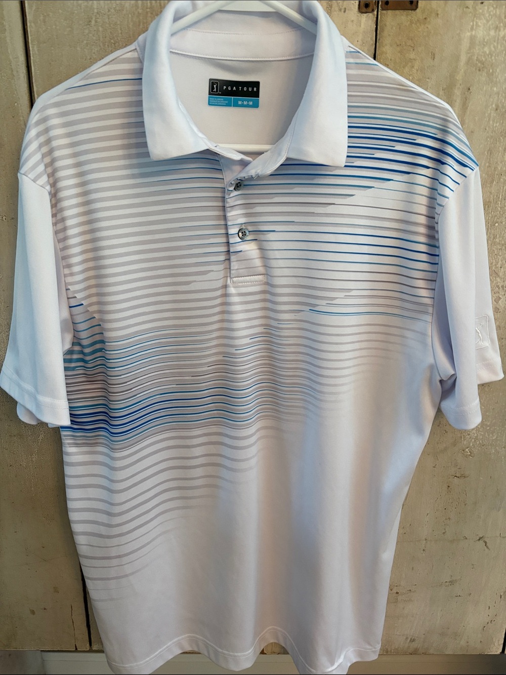 PGA Tour White Polo with Blue Stripe Gradient